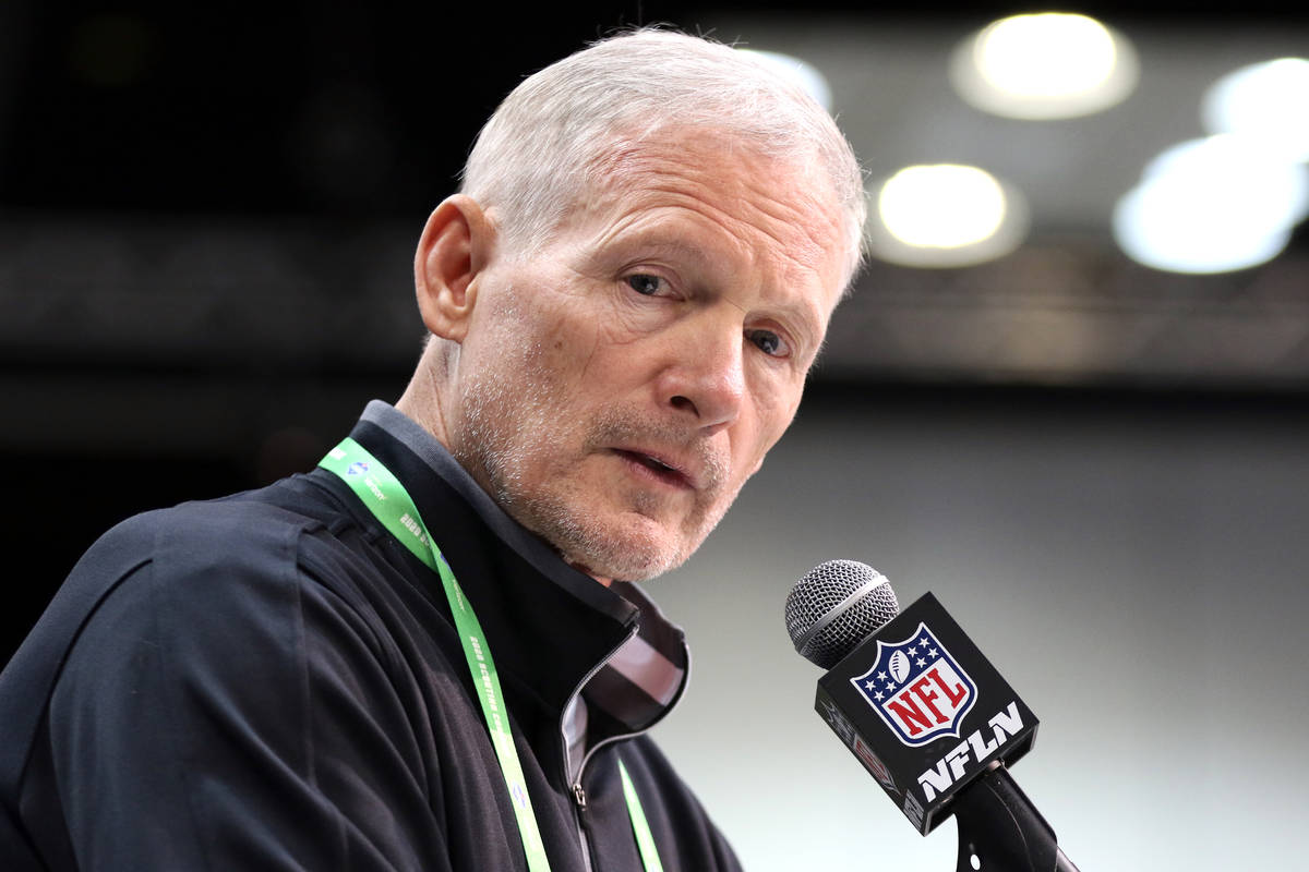 Las Vegas Raiders general manager Mike Mayock speaks at the NFL scouting combine at the Indiana ...