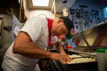 Vincent Rotolo prepares Detriot-style pizzas at Good Pie at Pawn Plaza in Las Vegas, Thursday, ...