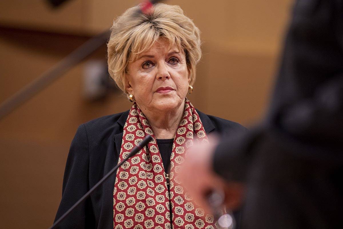 Las Vegas Mayor Carolyn Goodman listens as City Attorney for Las Vegas Brad Jerbic delivers a p ...