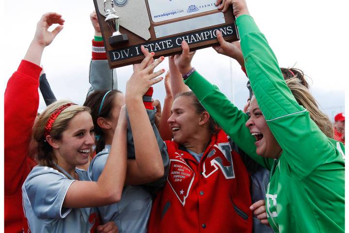 Arbor View celebrates its overtime penalty kick victory over Green Valley for the Nevada State ...