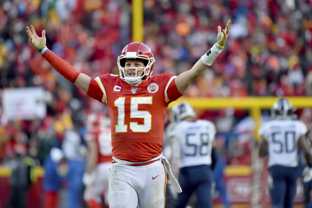 Kansas City Chiefs' Patrick Mahomes celebrates a touchdown pass during the second half of the N ...
