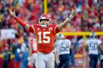 Kansas City Chiefs' Patrick Mahomes celebrates a touchdown pass during the second half of the N ...
