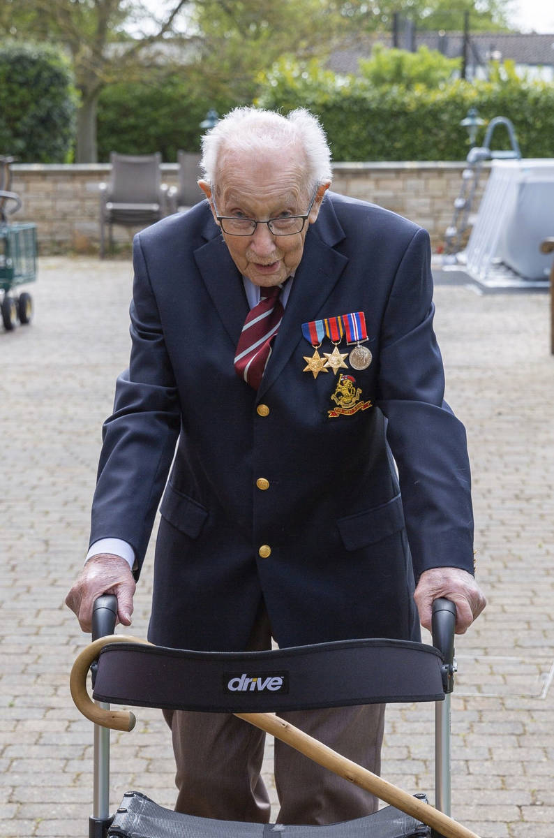 Undated family handout photo of Tom Moore, a 99-year-old British veteran who has started a camp ...