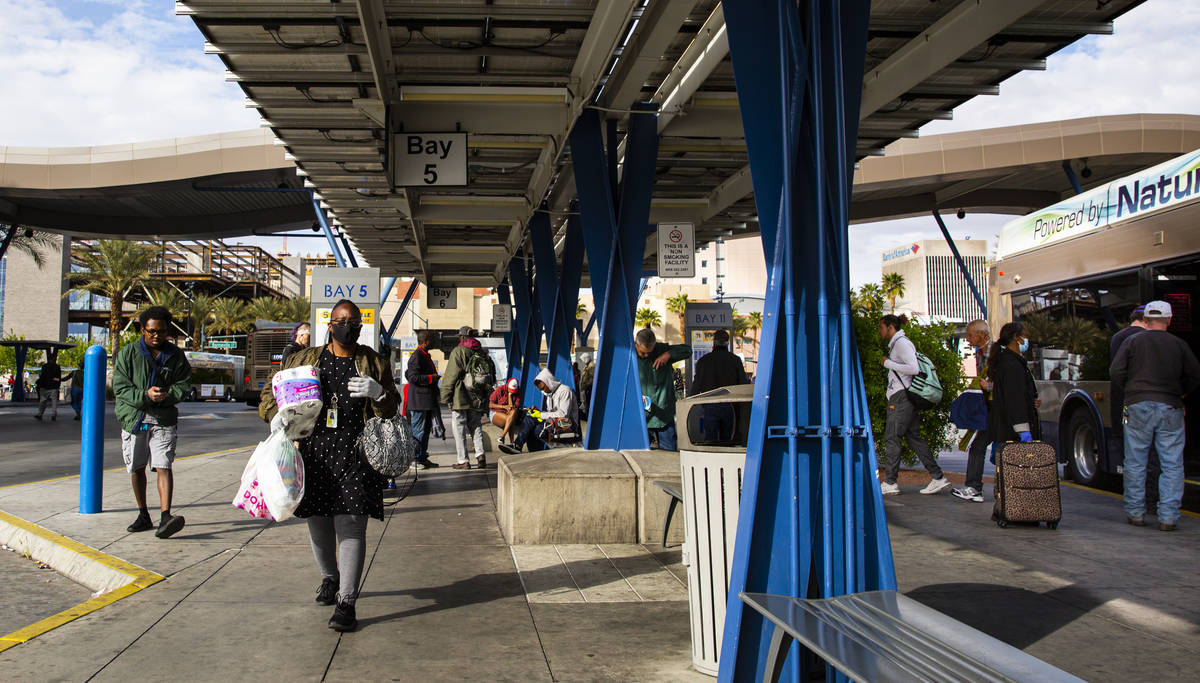 Passengers board and disembark Regional Transportation Commission buses at the RTC Bonneville T ...