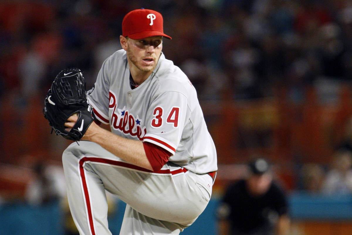 FILE - In this May 29, 2010, file photo, Philadelphia Phillies starting pitcher Roy Halladay th ...
