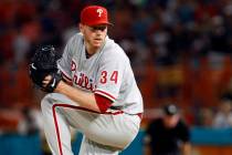 FILE - In this May 29, 2010, file photo, Philadelphia Phillies starting pitcher Roy Halladay th ...