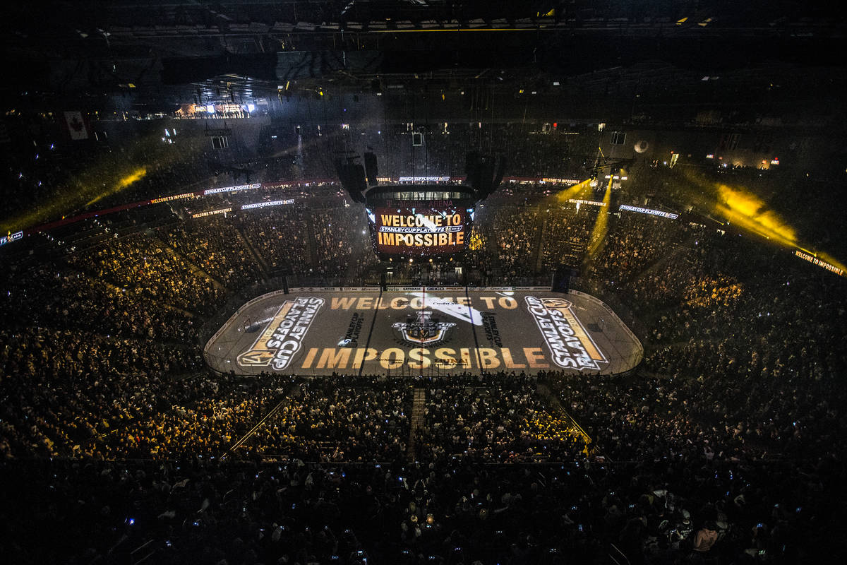 The Golden Knights and Los Angeles Kings take the ice before the start of game one of their fir ...