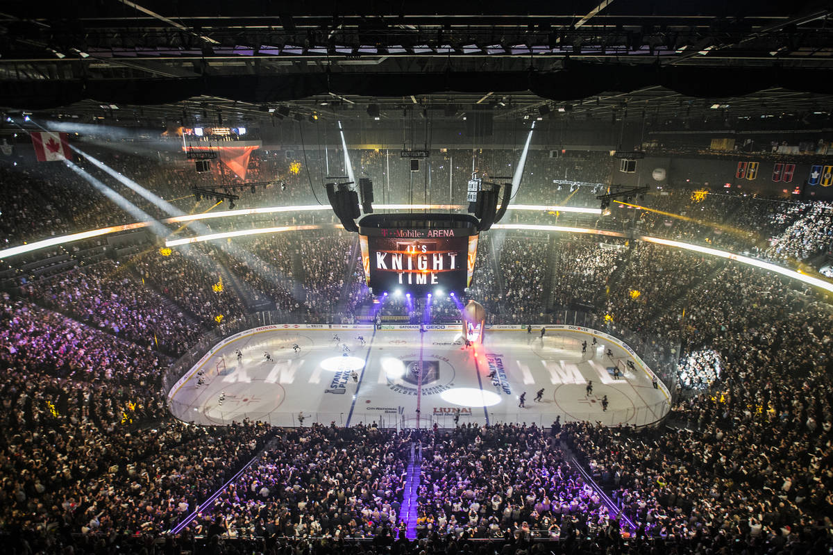 The Golden Knights and Los Angeles Kings take the ice before the start of game one of their fir ...