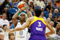 Minnesota Lynx forward Taj McWilliams-Franklin (8) shoots against Los Angeles Sparks forward Ca ...