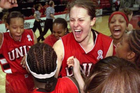 UNLV senior forward Linda Frohlich (13), center, celebrates with her teammates after the Lady R ...