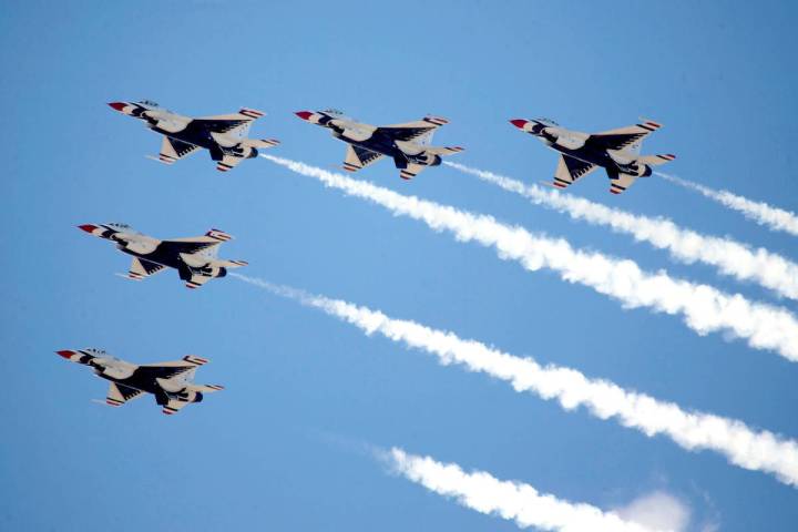 The Thunderbirds fly over Summerlin Hospital on Saturday, April 10, 2020. (Erik Verduzco/Las Ve ...