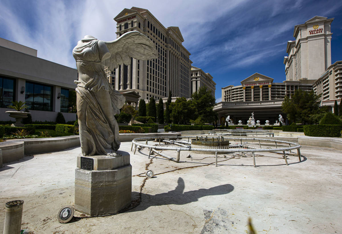 A fountain at Caesars Palace sits empty along the Las Vegas Strip on Thursday, April 16, 2020. ...