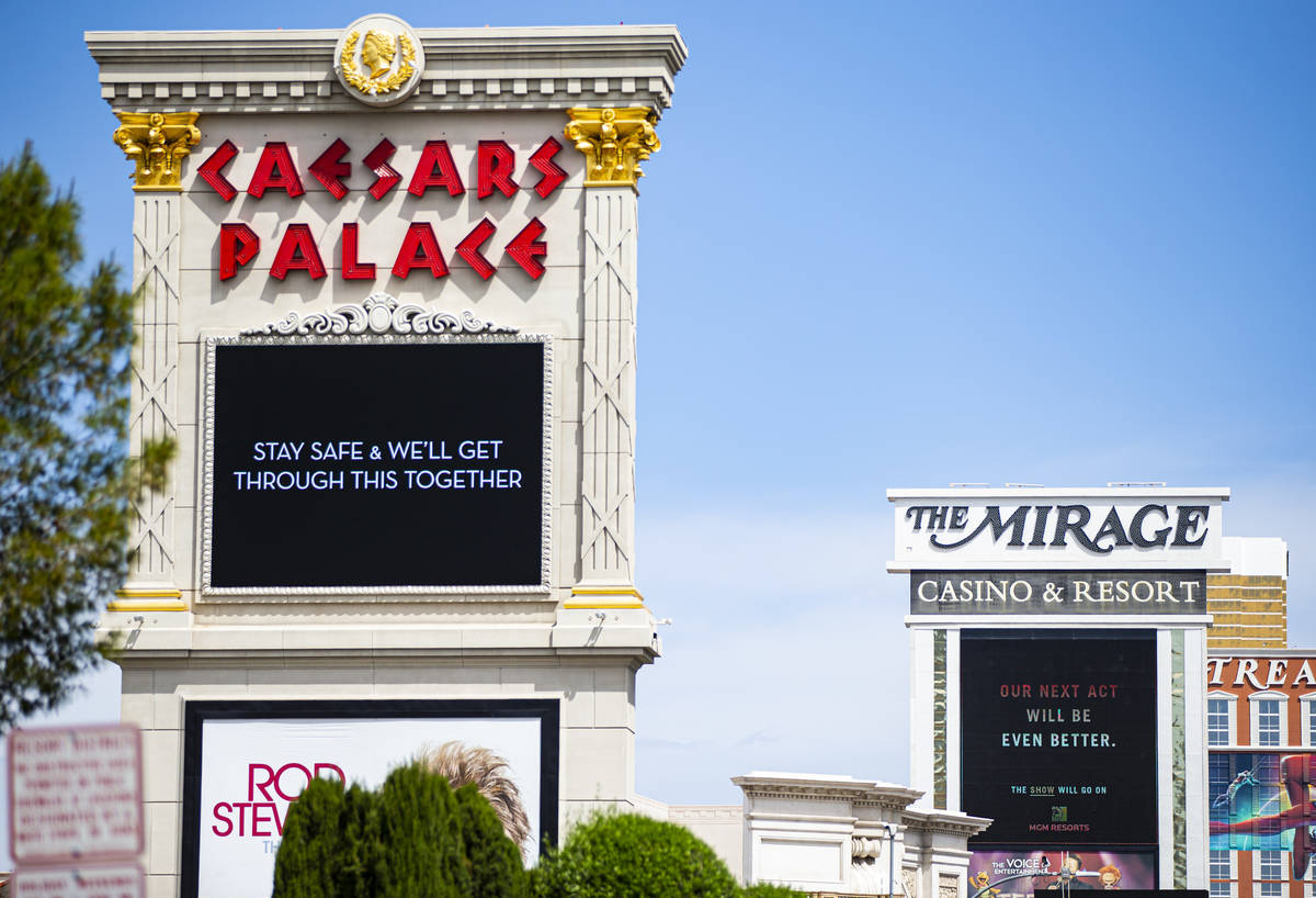 Signage at Caesars Palace and The Mirage along the Las Vegas Strip on Thursday, April 16, 2020. ...