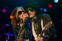 FILE - In this April 8, 2014 file photo, Steven Tyler, left, and Joe Perry of Aerosmith perform ...