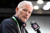 Las Vegas Raiders general manager Mike Mayock speaks at the NFL scouting combine at the Indiana ...