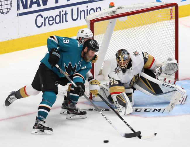 Golden Knights goaltender Marc-Andre Fleury (29) makes a save against San Jose Sharks center Jo ...