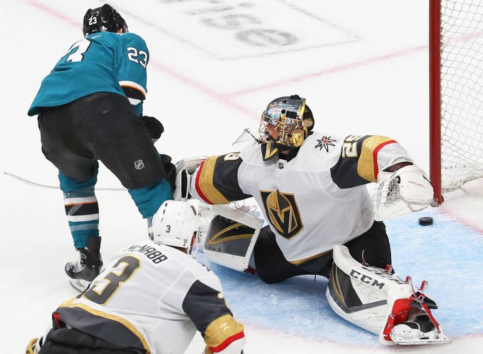 Sharks right wing Barclay Goodrow (23) scores against Knights goaltender Marc-Andre Fleury (29) ...