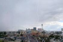 Lightning strikes The Strat on Monday, April 20, 2020, in Las Vegas. (Donna Gannon)