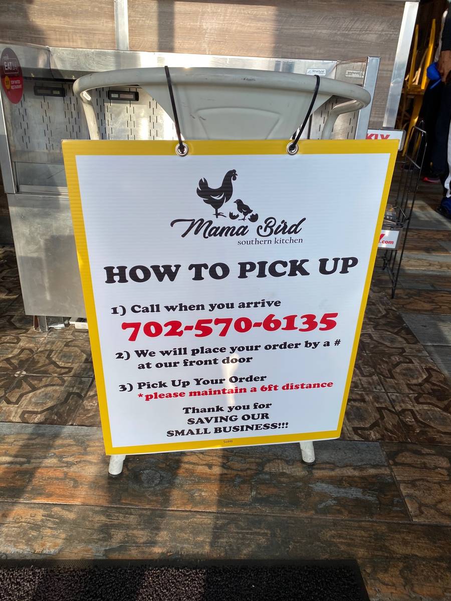 Curbside pickup directions for Mama Bird Southern Kitchen. (Al Mancini/Las Vegas Review-Journal)