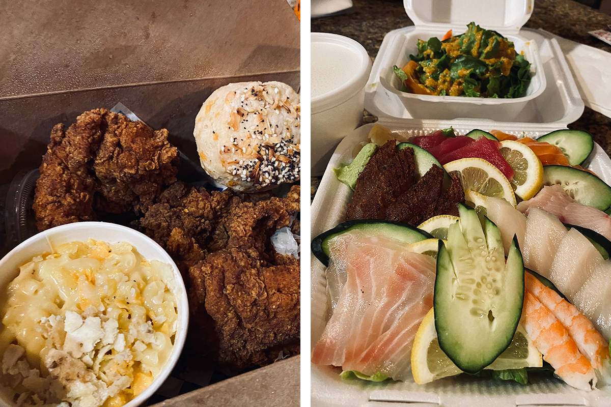 Takeout fried chicken from Mama Bird Southern Kitchen, left, and sashimi picked up at Kazuki Su ...