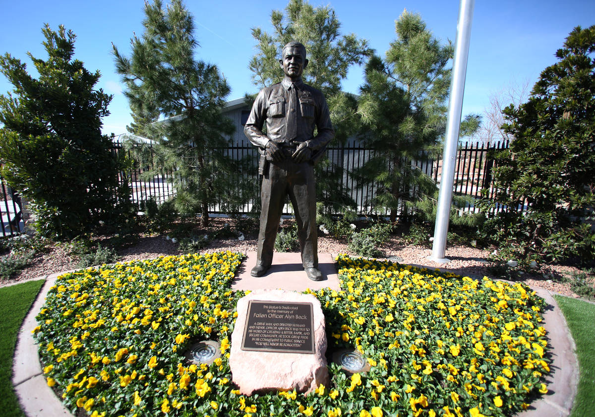A statue of a fallen Las Vegas police officer Alyn Beck is seen at his Memorial Park on Friday, ...
