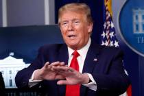 President Donald Trump speaks about the coronavirus in the James Brady Press Briefing Room of t ...