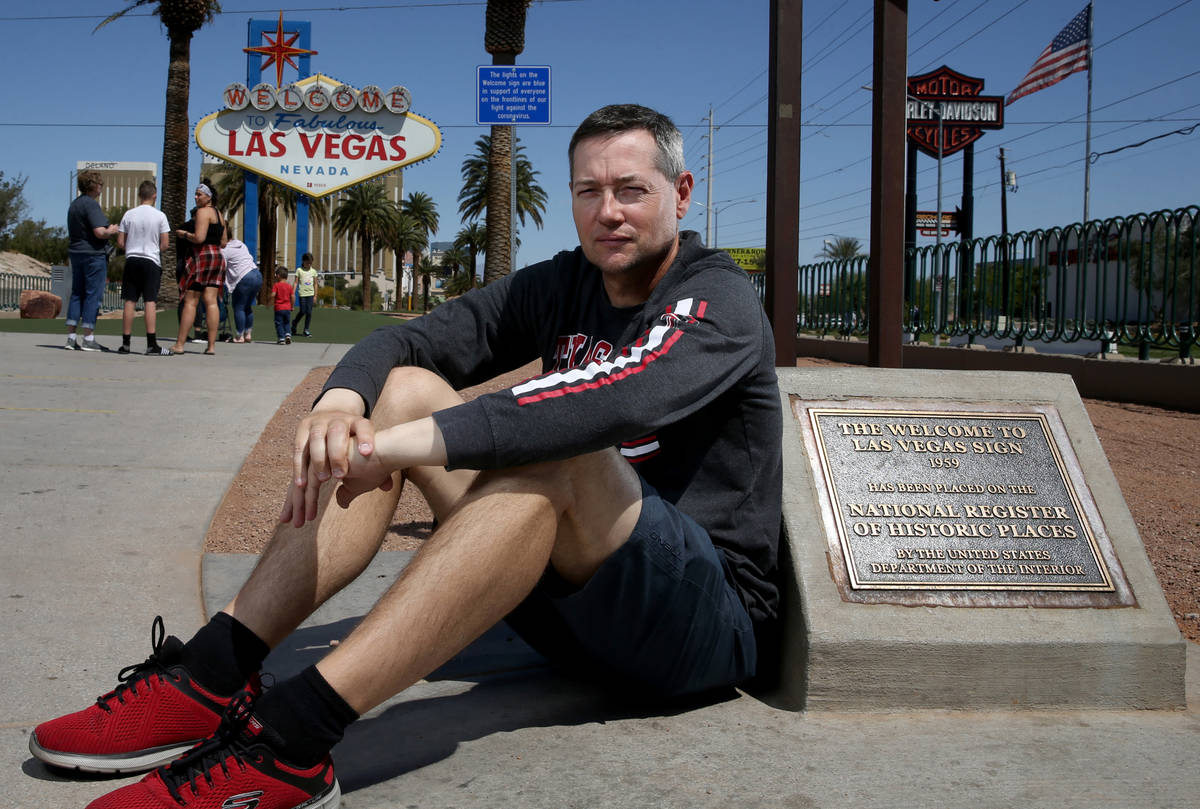 Todd Henderson, 52, of Las Vegas, a furloughed Treasure Island sportsbook ticket writer, at the ...