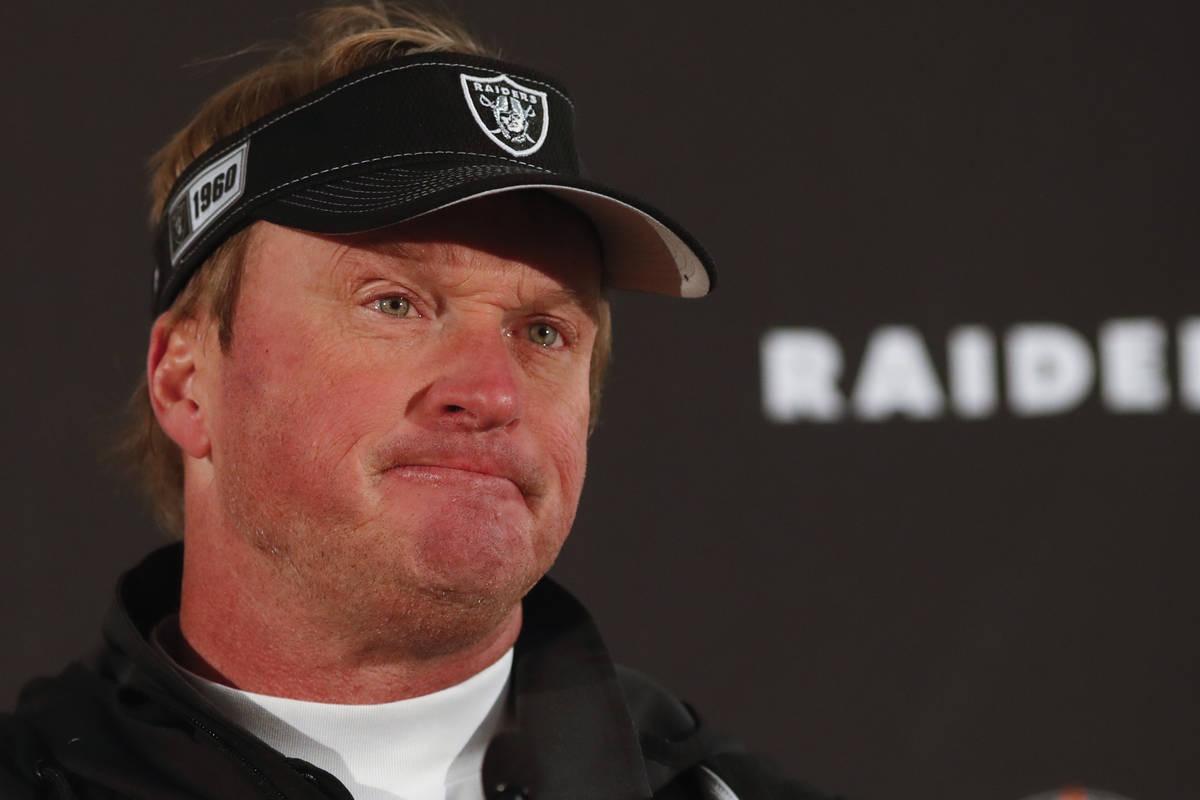 Oakland Raiders head coach Jon Gruden speaks after an NFL football game against the Denver Bron ...