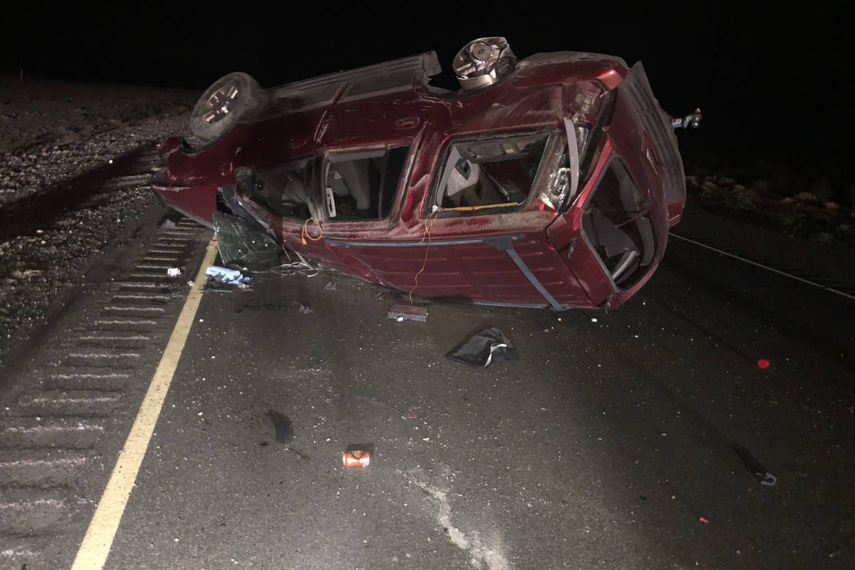 A rollover crash on Tuesday, April 21, 2020, left at least one person dead. (Nevada Highway Patrol)