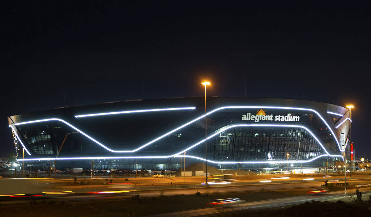 The exterior lights are turned on at Allegiant Stadium on Tuesday, April 21, 2020, in Las Vegas ...