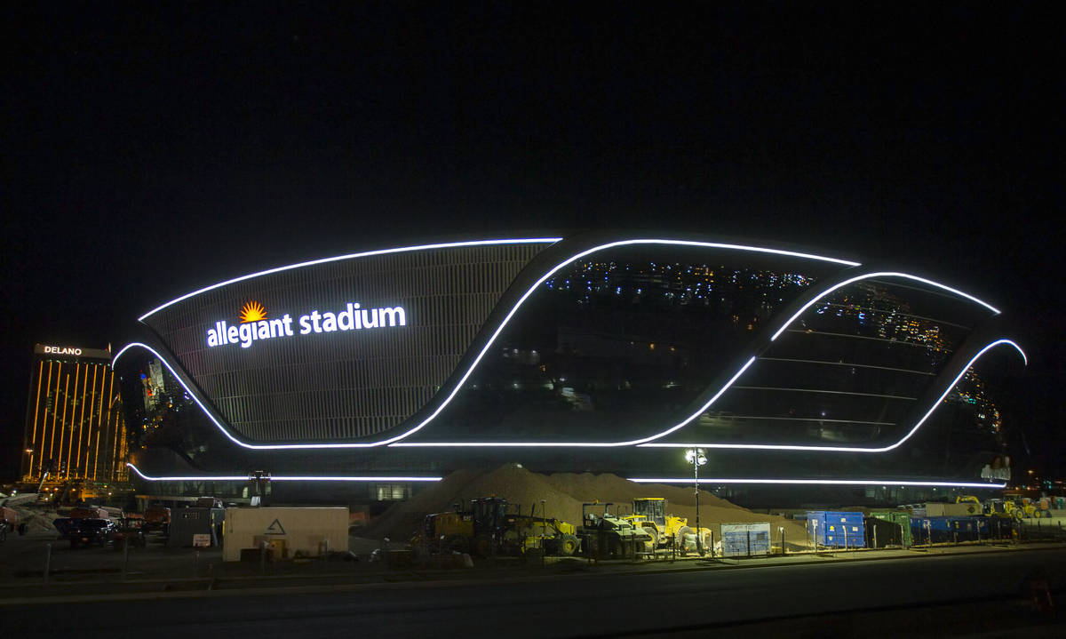 The exterior lights are turned on at Allegiant Stadium on Tuesday, April 21, 2020, in Las Vegas ...