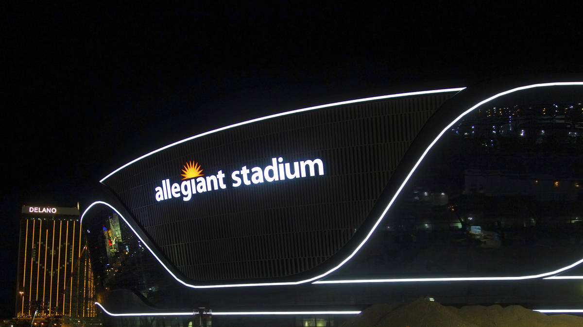 The exterior lights are turned on at Allegiant Stadium on Tuesday, April 21, 2020, in Las Vegas ...