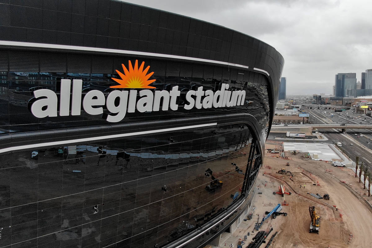 Aerial view of newly installed signage for Allegiant Stadium, future home of the Las Vegas Raid ...
