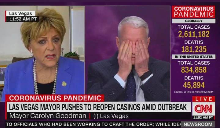 Anderson Cooper reacts to Las Vegas Mayor Carolyn Goodman during their interview Wednesday on C ...