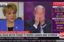 Anderson Cooper reacts to Las Vegas Mayor Carolyn Goodman during their interview Wednesday on C ...