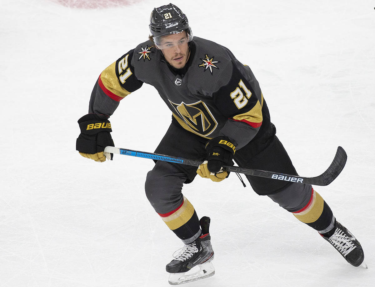 Vegas Golden Knights center Nick Cousins (21) skates up ice in the first period of an NHL hocke ...