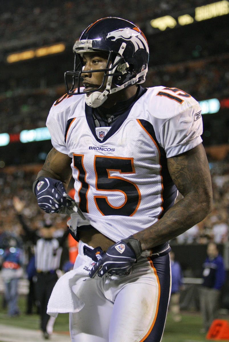 ** FILE ** In this Nov. 6, 2008 file photo, Denver Broncos wide receiver Brandon Marshall start ...