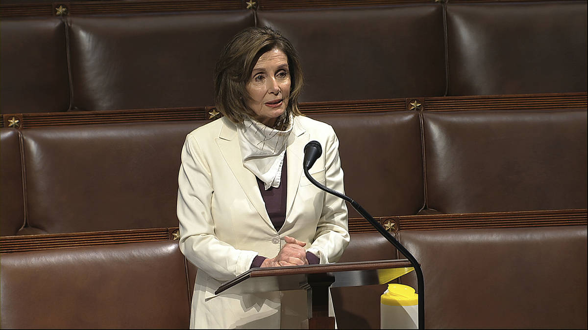 In this image from video, House Speaker Nancy Pelosi of Calif., speaks on the floor of the Hous ...