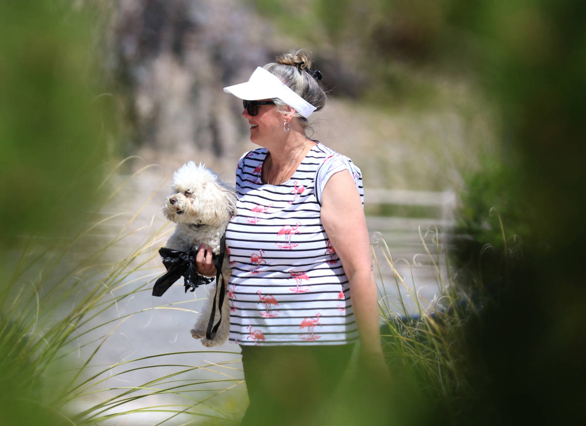 A woman walks with her dog at Cornerstone Park on Wednesday, April 22, 2020, in Henderson. (Biz ...