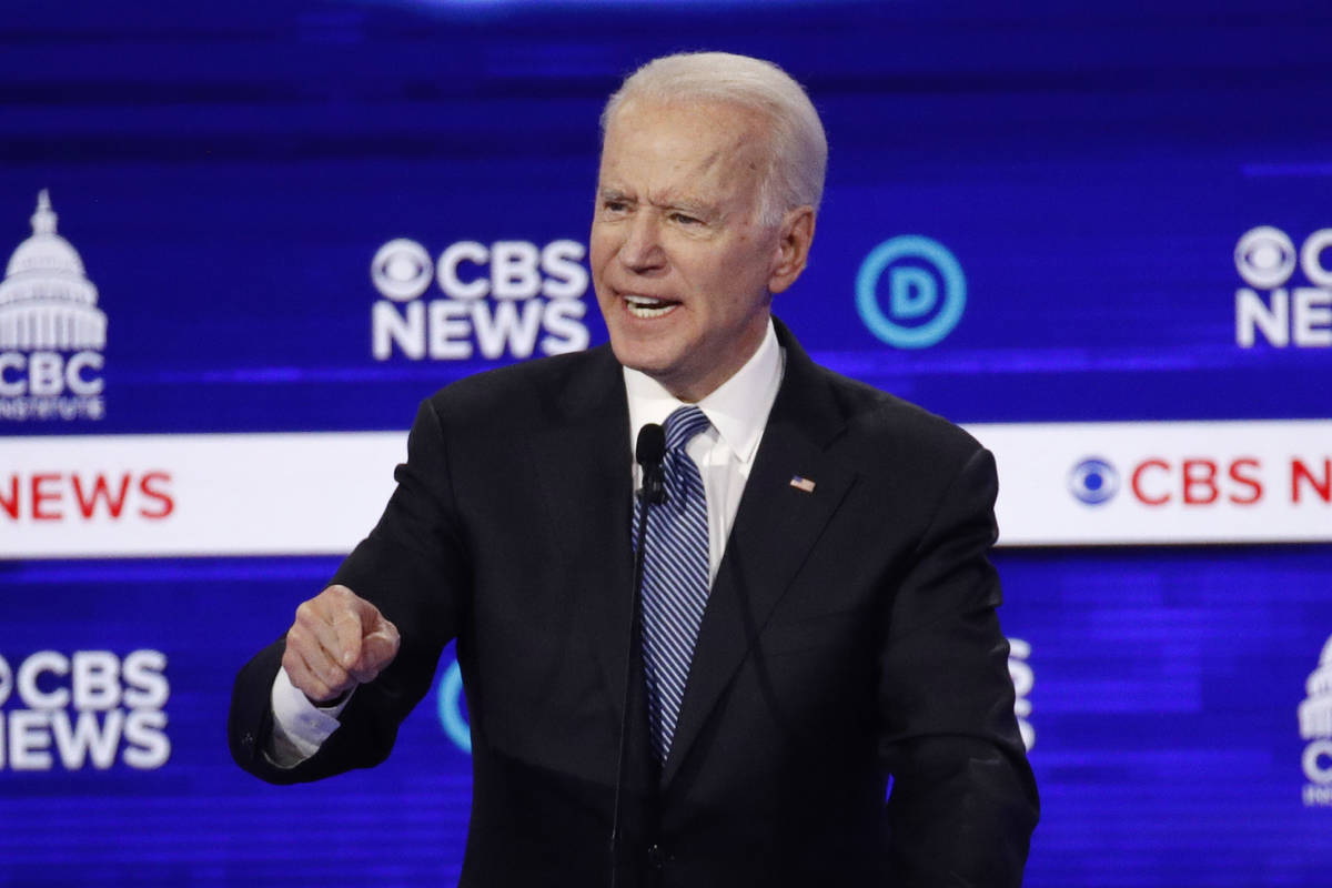In this Feb. 25, 2020, file photo, Democratic presidential candidate Joe Biden speaks during a ...