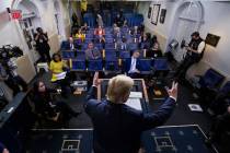 FILE - In this April 17, 2020, file photo President Donald Trump speaks about the coronavirus i ...