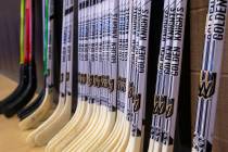 Hockey sticks are awaiting usage as Vegas Golden Knights forwards Max Pacioretty and Paul Stast ...