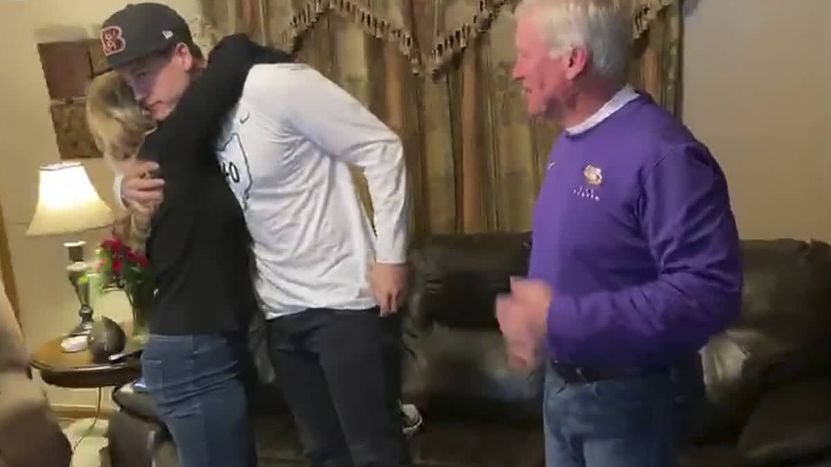 In this still image from video provided by the NFL, LSU quarterback Joe Burrow celebrates being ...