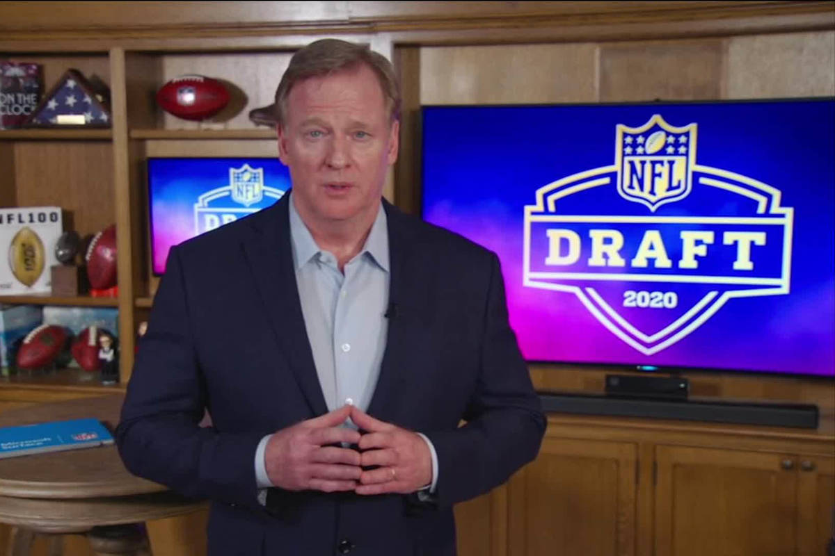 In this still image from video provided by the NFL, NFL Commissioner Roger Goodell speaks from ...