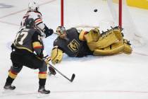 Vegas Golden Knights goaltender Marc-Andre Fleury (29) makes a diving save against Edmonton Oil ...