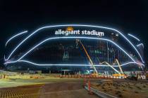 The exterior lights are turned on at Allegiant Stadium on Tuesday, April 21, 2020, in Las Vegas ...