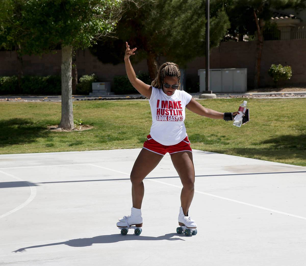 Nicole Childs of Las Vegas dance skates at Red Ridge Park in Las Vegas Wednesday, April 29, 202 ...