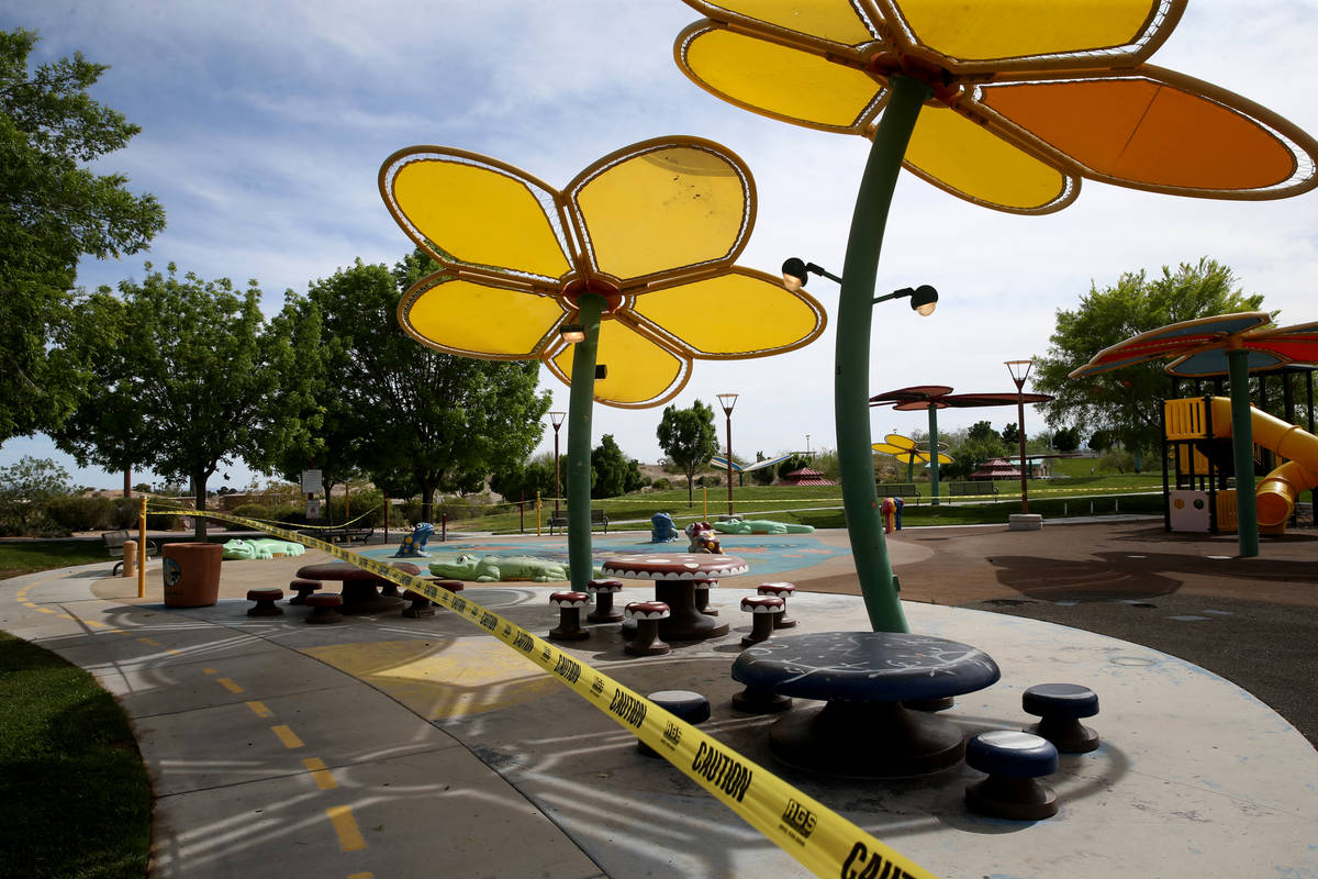 The closed splash pad at Centennial Hills Park in Las Vegas Wednesday, April 29, 2020. (K.M. Ca ...
