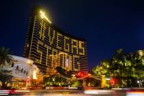 Lights on Wynn Las Vegas show support for the city during the coronavirus pandemic, April 1, 20 ...