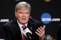 FILE - In this March 30, 2017, file photo, NCAA President Mark Emmert answers a question at a n ...